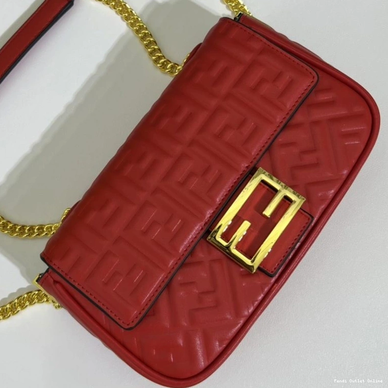 Cheap In Chain FF Leather Midi Bag Nappa Motif Red Fendi Baguette 0815